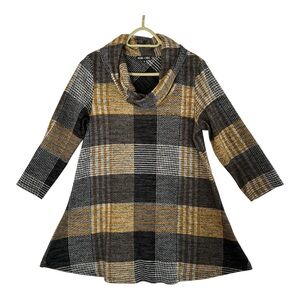 BOHO CHIC Women’s Black Gold Grey Plaid Cowl Neck Tunic Button Detail Size Small